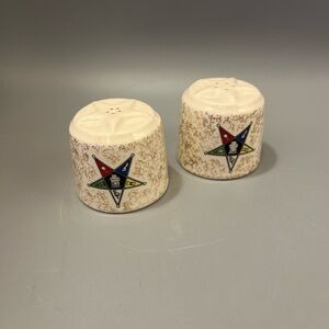 Rare Vintage PAIR Deco Masonic Eastern Star Salt & Pepper Shakers 2” round MCM